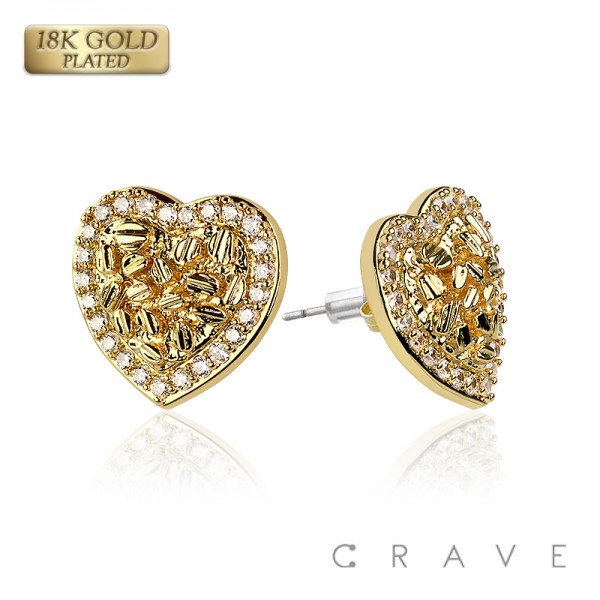 PAIR OF 18K GOLD PLATED INGOT CENTERED HEART SHAPE NUGGET EARRINGS